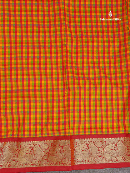 Semi Silk Saree - Multicolour Colour Body Checks With Contrast Maroon Traditional Border | 10 Yards