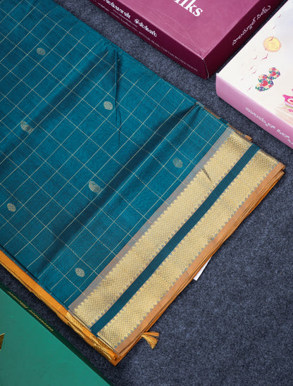 Peacock Blue Checks Pure Silk Cotton Saree With Contrast Mustard Yellow Blouse