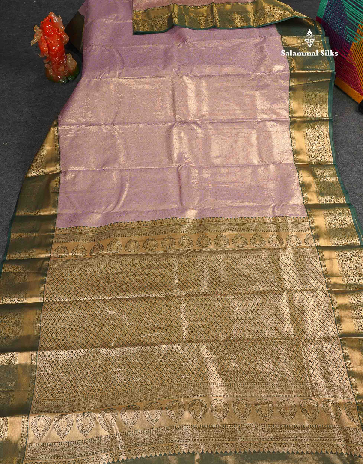 Tissue Bridal Semi Silk Saree - Light Lavender Colour Body With Contrast Bottle Green Border 