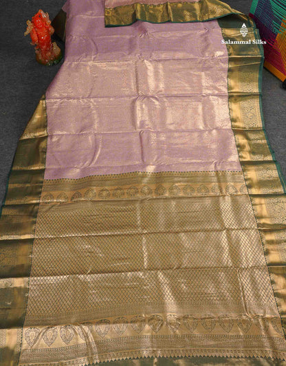 Tissue Bridal Semi Silk Saree - Light Lavender Colour Body With Contrast Bottle Green Border 