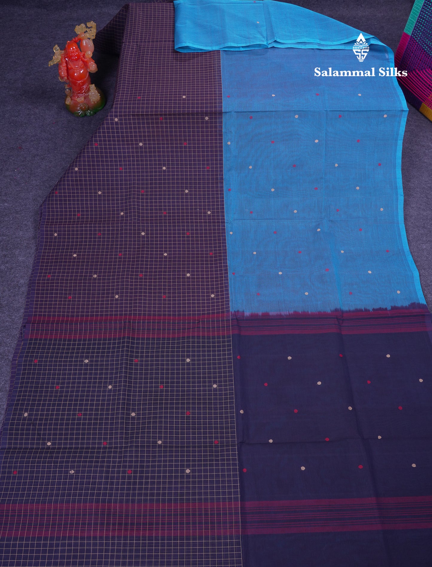 Beautiful Half And Half Peacock Blue & Navy Blue Thread Work Butta Handloom Pure Cotton Saree With Contrast Navy Blue Blouse