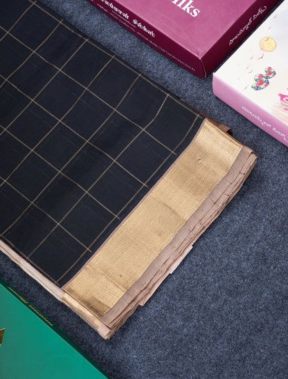 Black Checks Pure Silk Cotton Saree With Contrast Beige Blouse