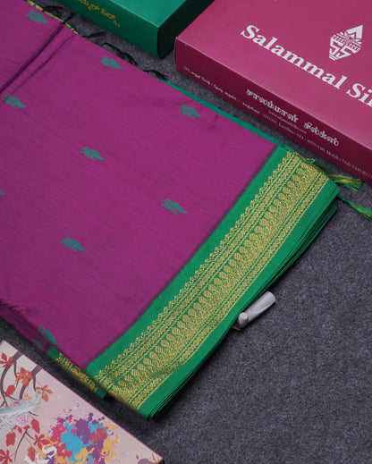 Beautiful Magenta Kalyani Cotton Saree With Contrast Saffire Green Blouse