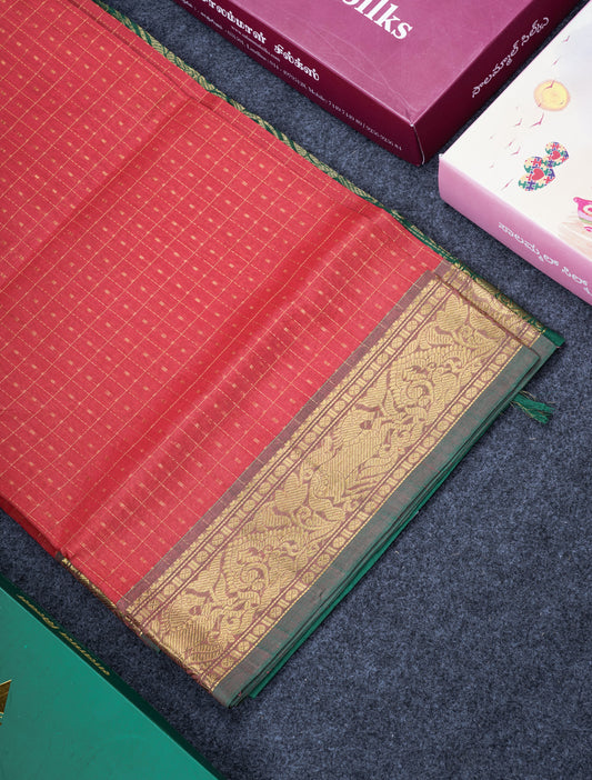 Tomato Red Lakshadeepam Pure Silk Cotton Saree With Contrast Bottle Green Blouse