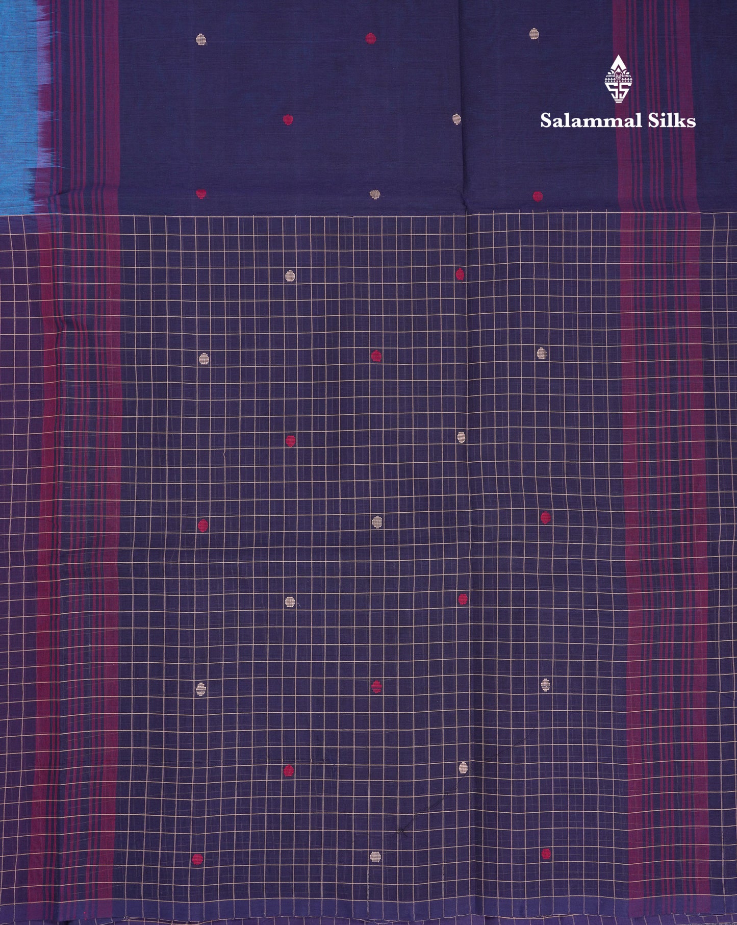 Beautiful Half And Half Peacock Blue & Navy Blue Thread Work Butta Handloom Pure Cotton Saree With Contrast Navy Blue Blouse