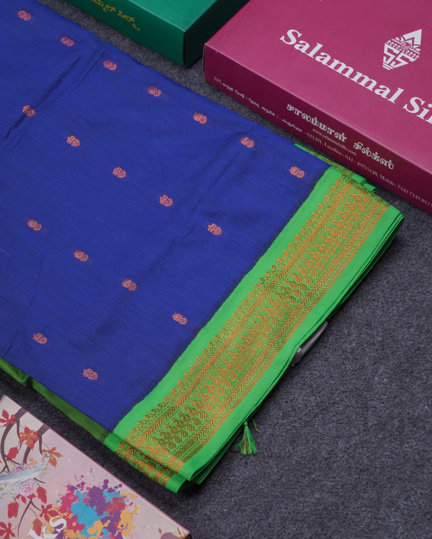 Beautiful Navy Blue Kalyani Cotton Saree With Contrast Parrot Green Blouse