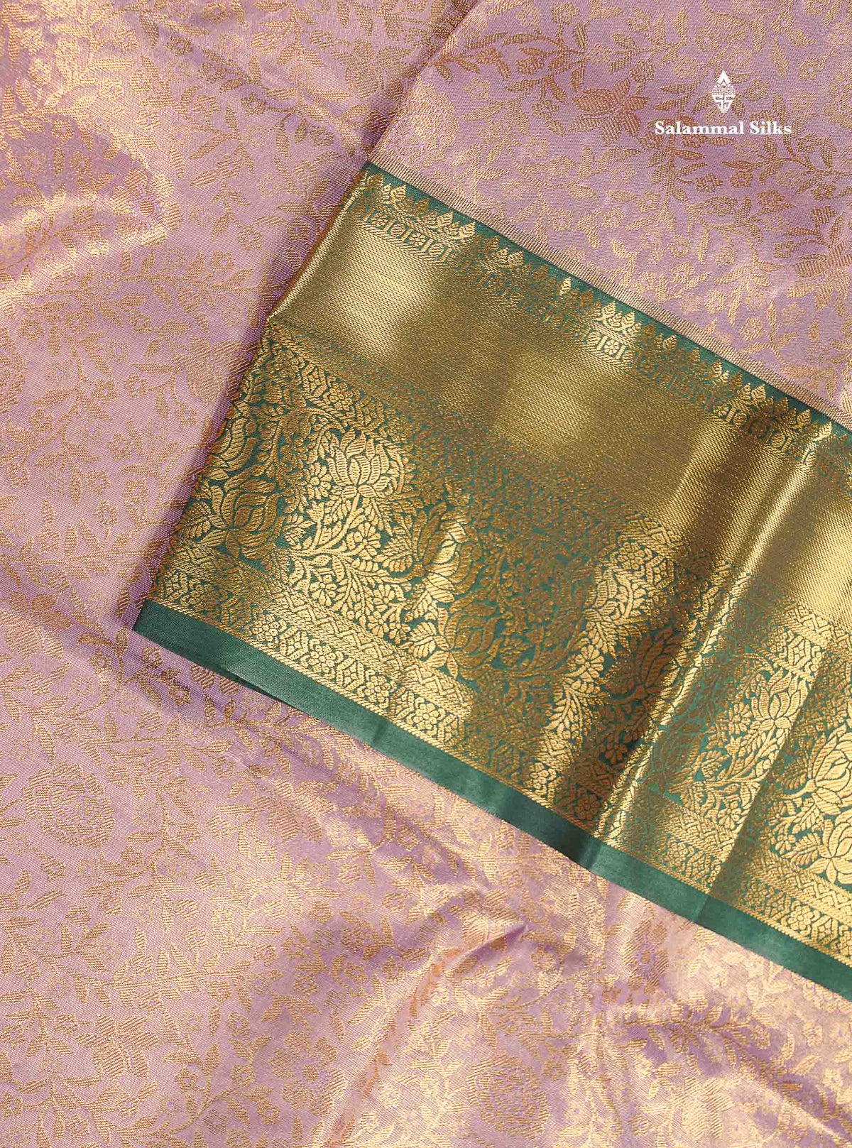 Tissue Bridal Semi Silk Saree - Light Lavender Colour Body With Contrast Bottle Green Border