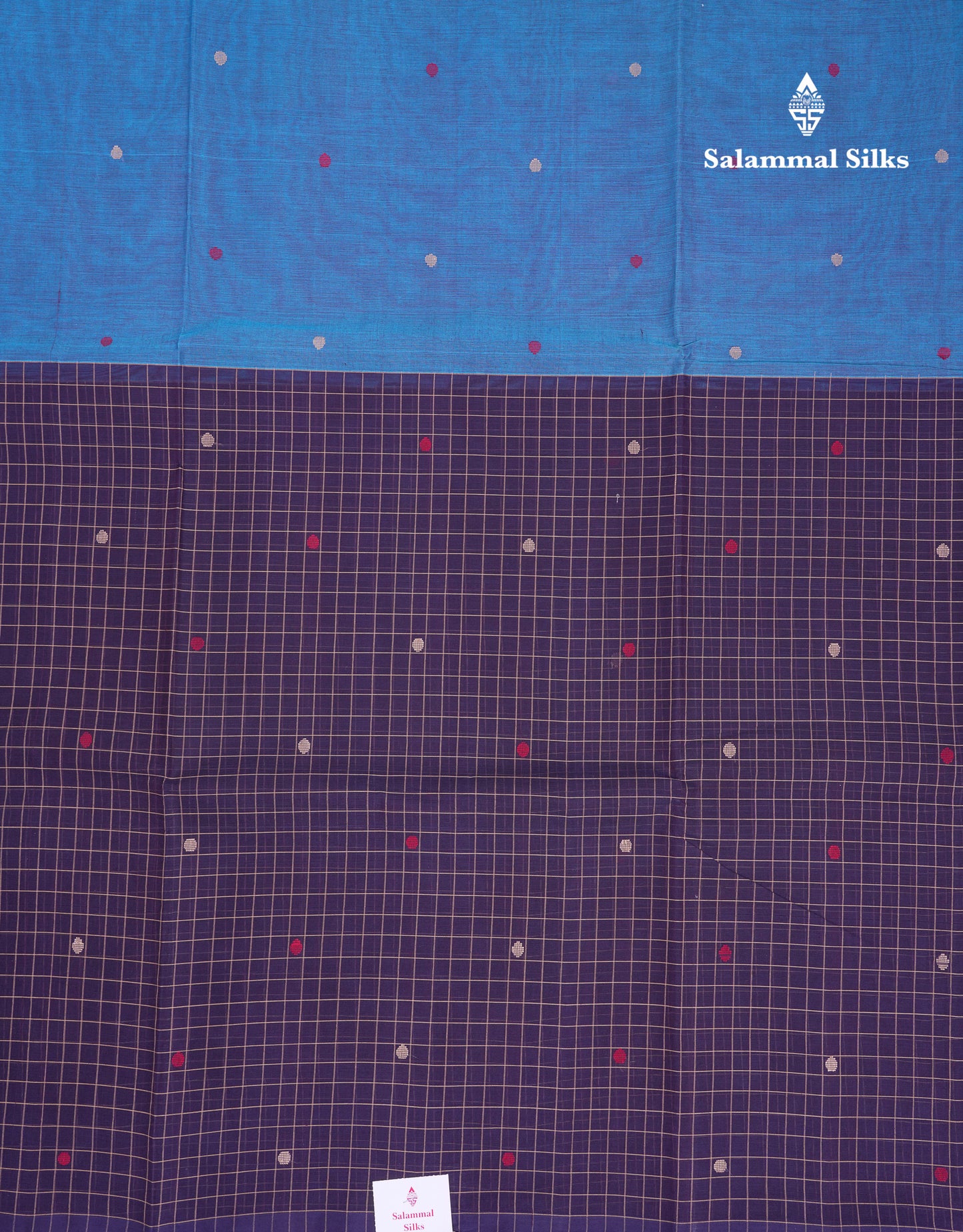 Beautiful Half And Half Peacock Blue & Navy Blue Thread Work Butta Handloom Pure Cotton Saree With Contrast Navy Blue Blouse