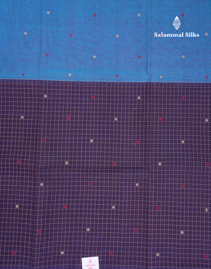 Beautiful Half And Half Peacock Blue & Navy Blue Thread Work Butta Handloom Pure Cotton Saree With Contrast Navy Blue Blouse