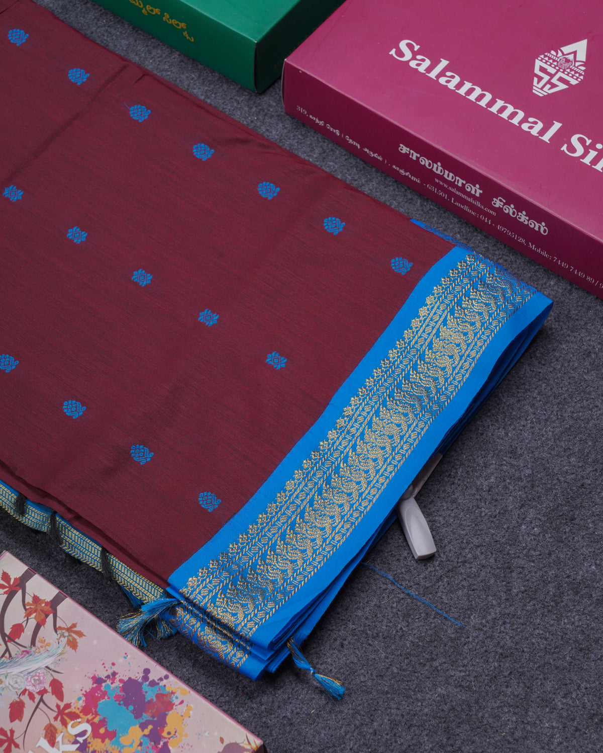 Beautiful Dark Maroon Kalyani Cotton Saree With Contrast Ramar Blue Blouse