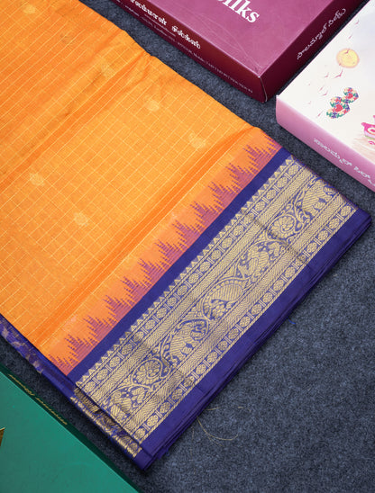 Mustard Yellow Small Zari Checks With Butta Pure Silk Cotton Saree With Contrast Violet Traditional Border