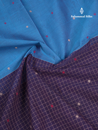 Beautiful Half And Half Peacock Blue & Navy Blue Thread Work Butta Handloom Pure Cotton Saree With Contrast Navy Blue Blouse