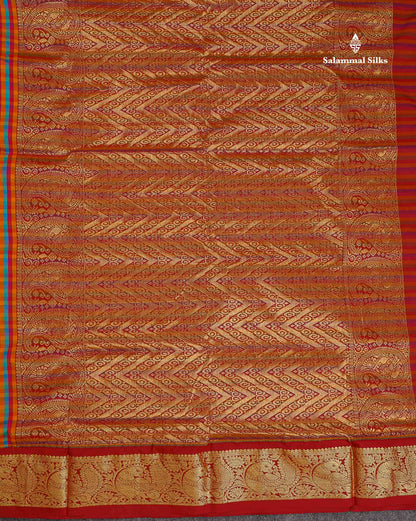 Semi Silk Saree - Multicolour Body Checks With Contrast Maroon Traditional Border | 10 Yards
