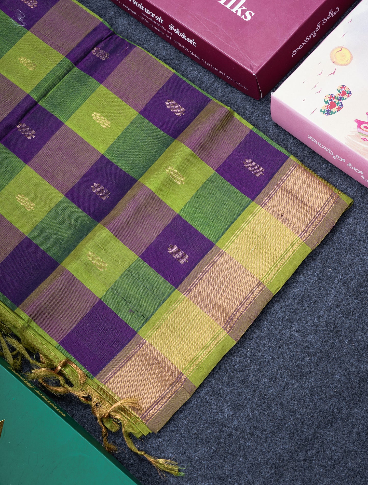 Beautiful Paalum Pazham Checks Handloom Pure Silk Cotton Saree With Gold Zari Border