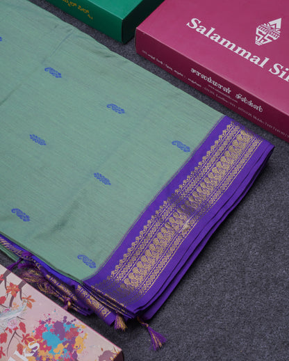 Beautiful Sapphire Green Kalyani Cotton Saree With Contrast Navy Blue Blouse