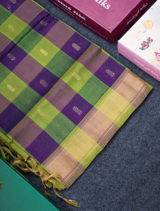Paalum Pazham Checks Pure Silk Cotton Saree With Contrast Parrot Green Blouse