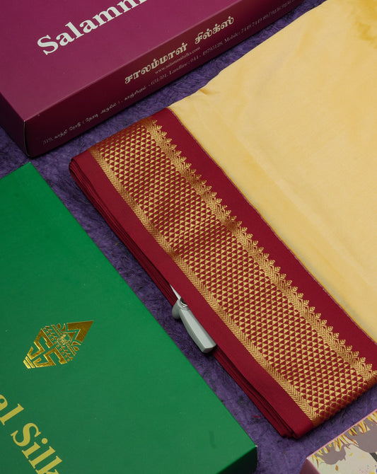 11 Yards Semi Silk Saree Beige with Contrast Maroon Border