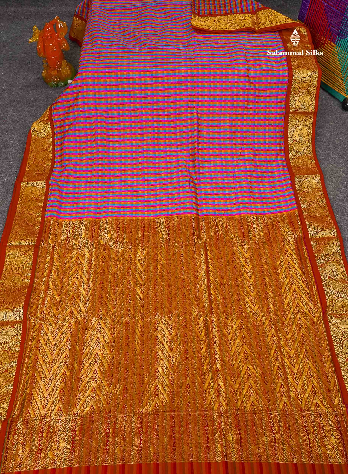 Semi Silk Saree - Multicolour Body Checks With Contrast Maroon Traditional Border | 10 Yards