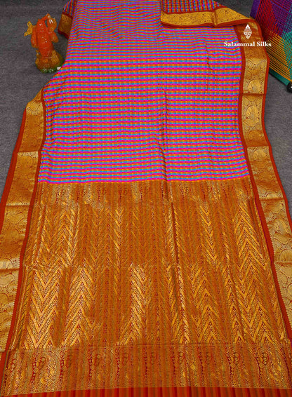 Semi Silk Saree - Multicolour Body Checks With Contrast Maroon Traditional Border | 10 Yards