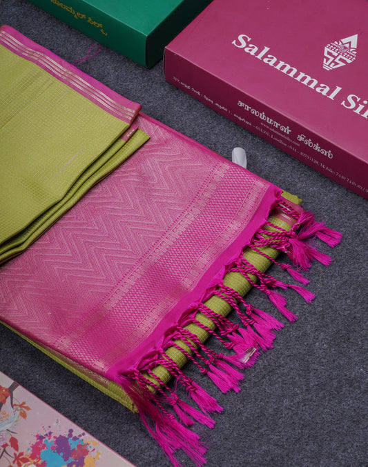 Parrot Green Tiny Zari Checks With Malli Moggu Butta Semi Soft Silk Saree With Contrast Small Pink Border