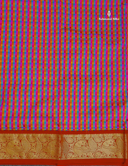 Semi Silk Saree - Multicolour Body Checks With Contrast Maroon Traditional Border | 10 Yards