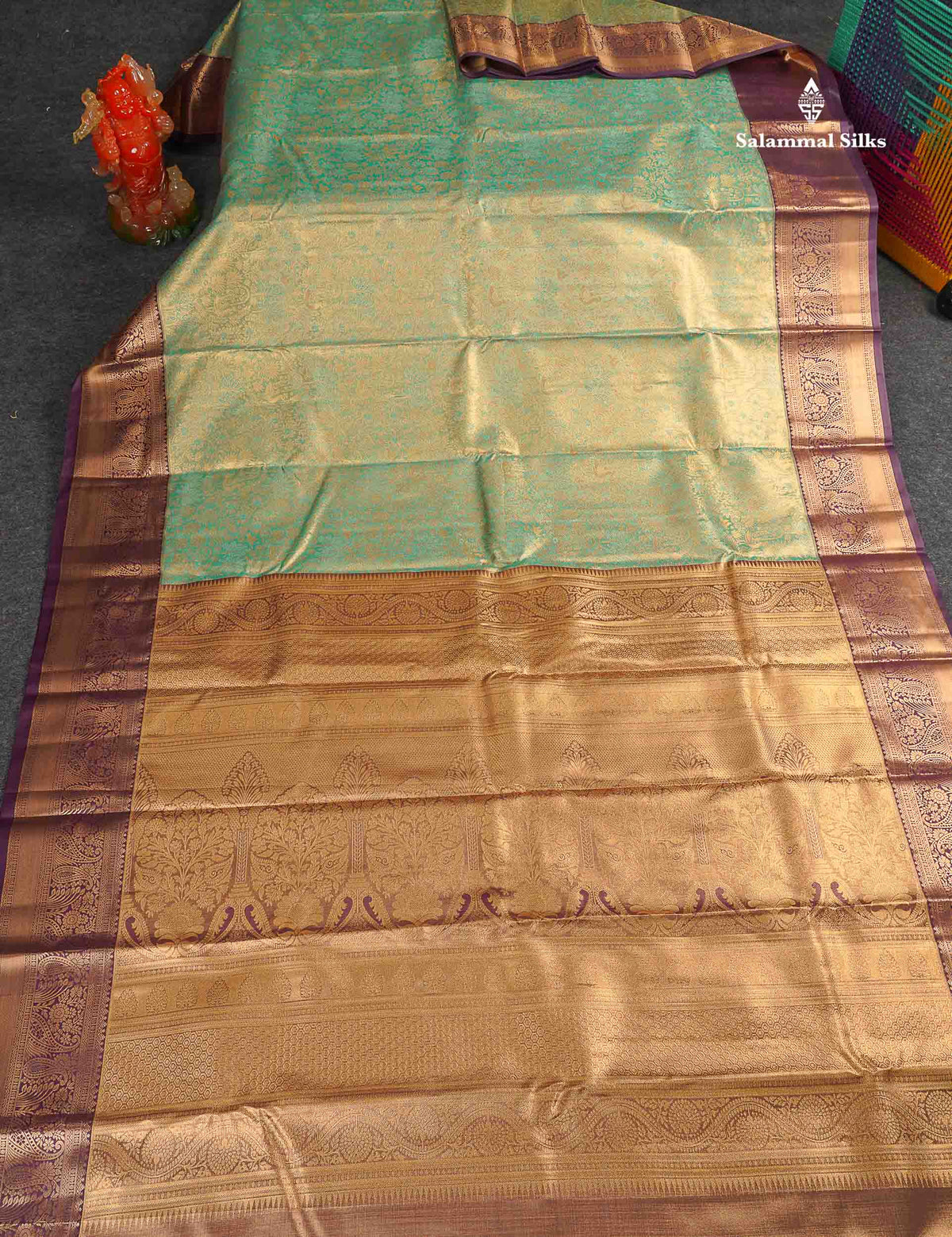 Tissue Bridal Semi Silk Saree - Light Green Colour Body With Contrast Dark Purple Border 