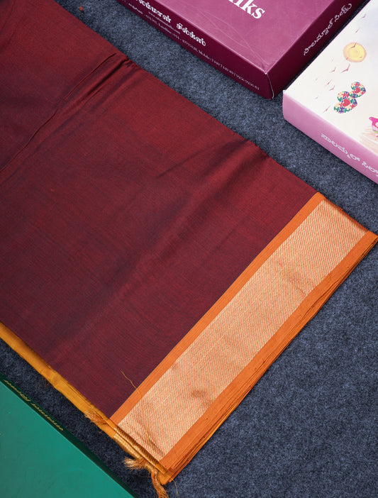 Dark Maroon Pure Silk Cotton Saree With Contrast Mustard Yellow Blouse