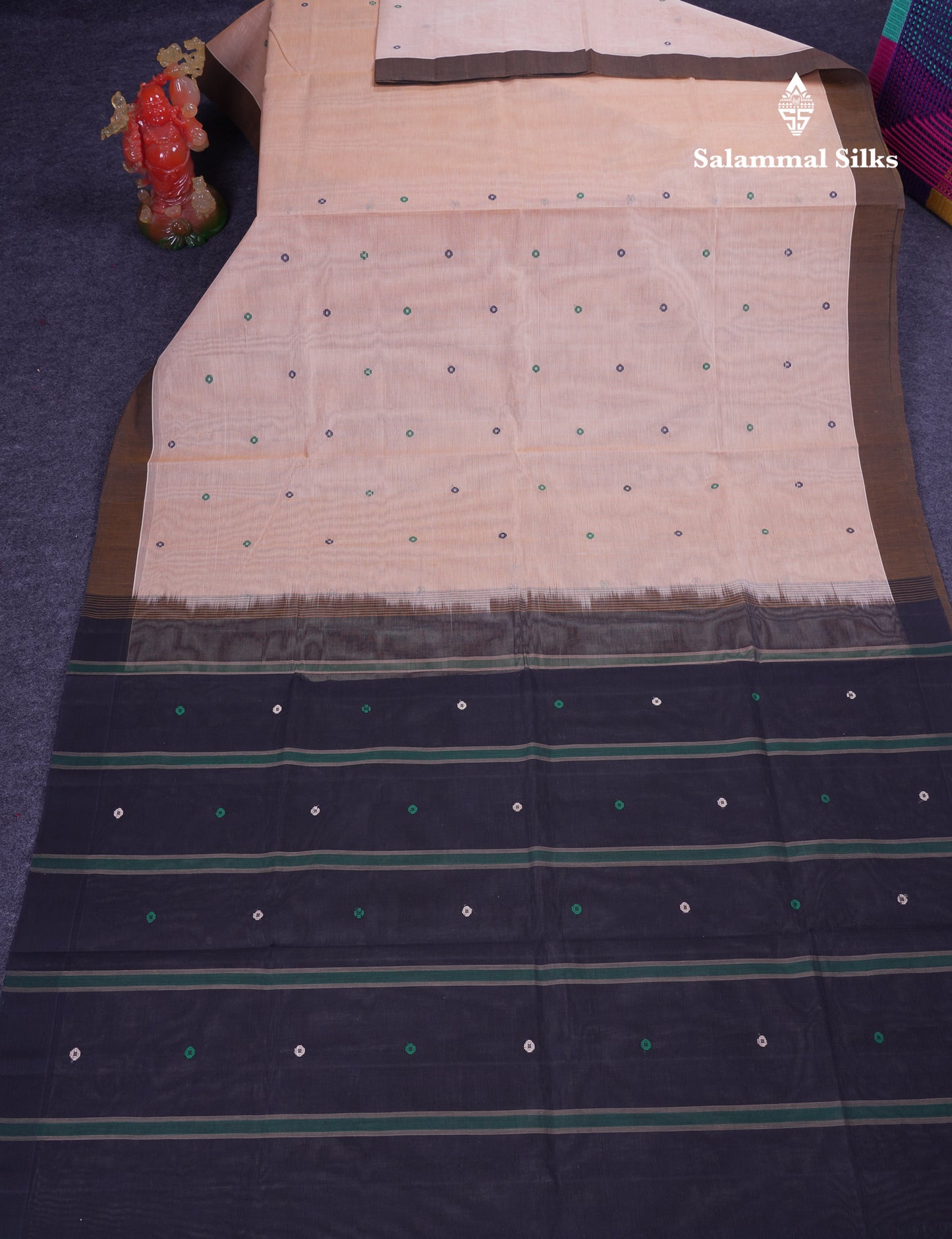 Beautiful Cream Sandal Thread Work Butta Handloom Pure Cotton Saree With Contrast Black Blouse