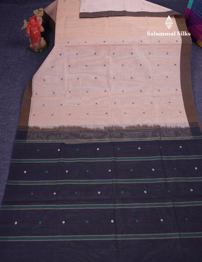 Beautiful Cream Sandal Thread Work Butta Handloom Pure Cotton Saree With Contrast Black Blouse