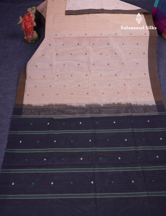 Beautiful Cream Sandal Thread Work Butta Handloom Pure Cotton Saree With Contrast Black Blouse