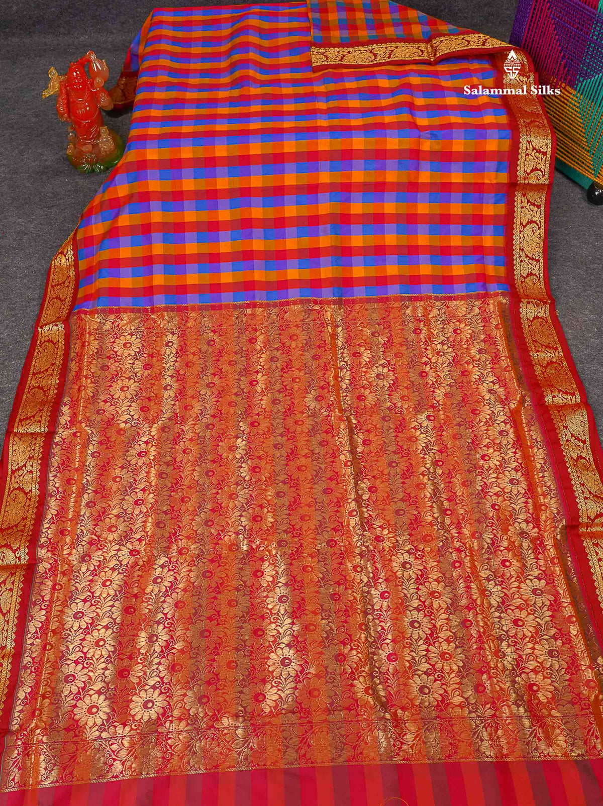 Semi Silk Saree - Multicolour Body Checks With Contrast Maroon Traditional Border | 10 Yards
