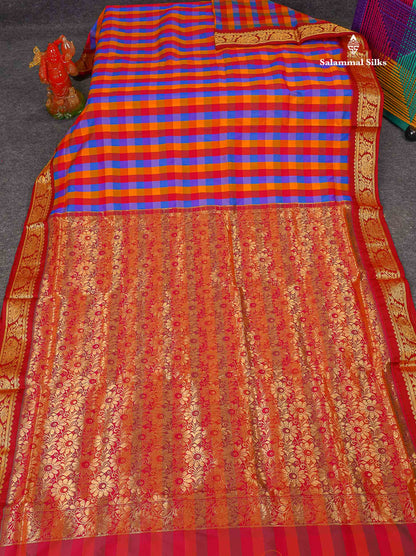 Semi Silk Saree - Multicolour Body Checks With Contrast Maroon Traditional Border | 10 Yards
