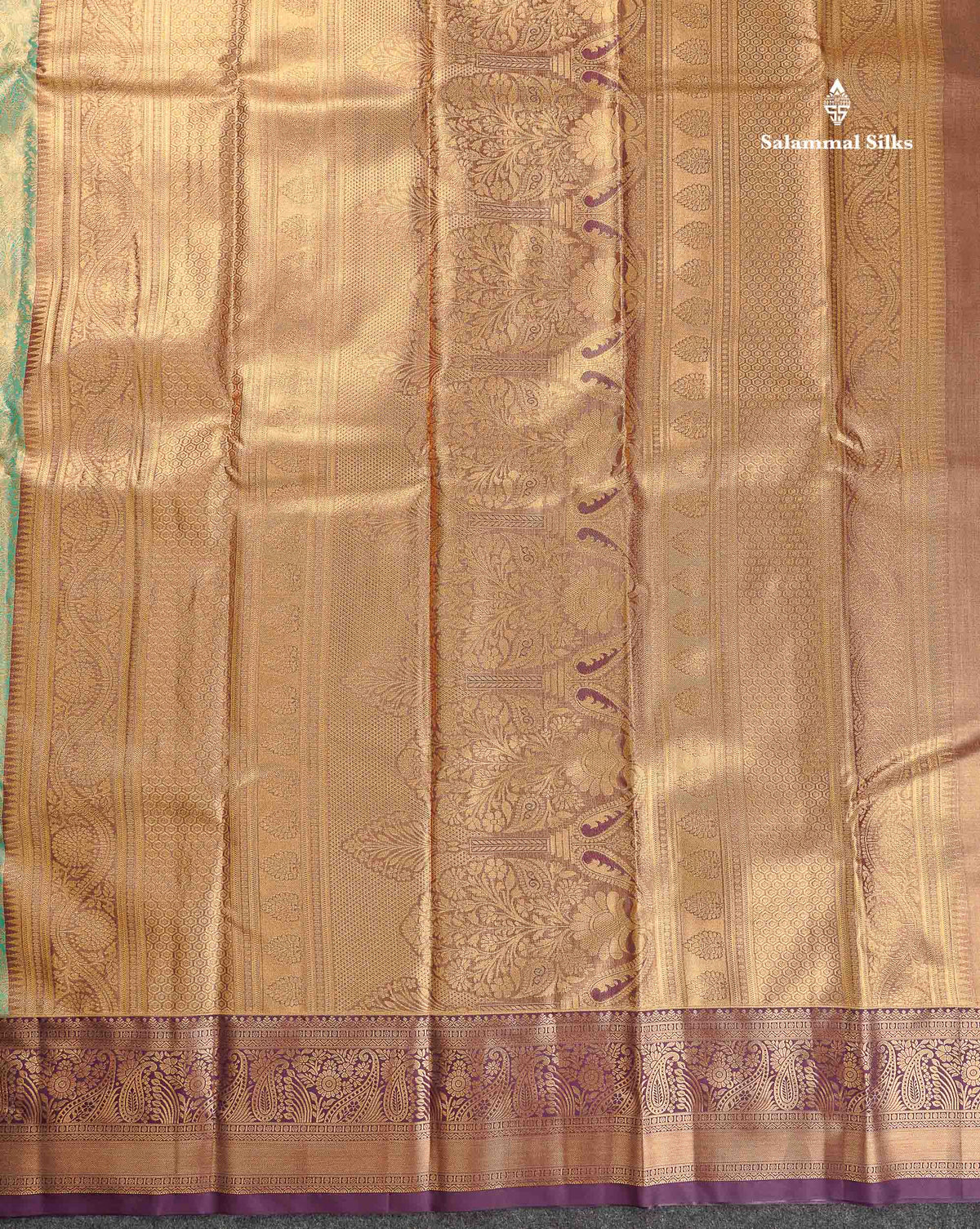 Tissue Bridal Semi Silk Saree - Light Green Colour Body With Contrast Dark Purple Border