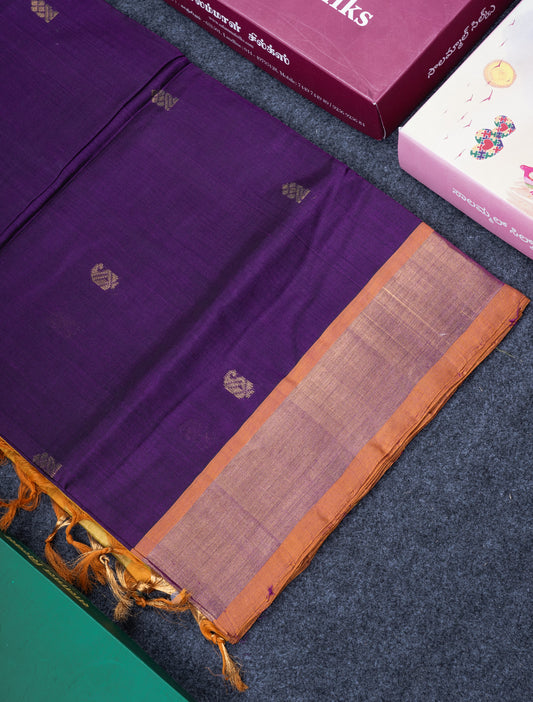 Dark Purple Pure Silk Cotton Saree With Mustard Yellow Blouse