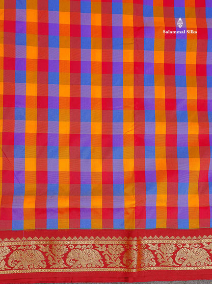 Semi Silk Saree - Multicolour Body Checks With Contrast Maroon Traditional Border | 10 Yards