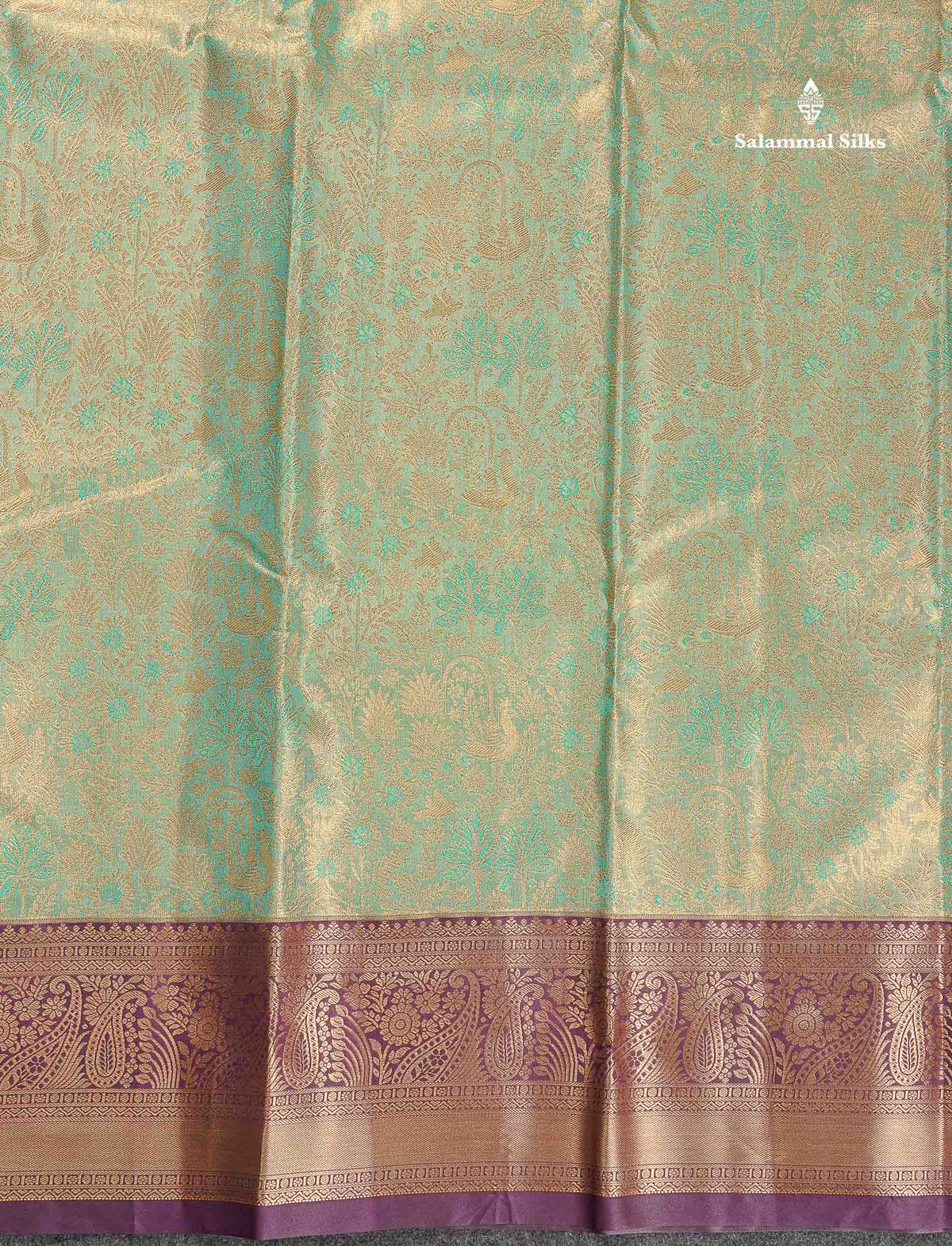 Tissue Bridal Semi Silk Saree - Light Green Colour Body With Contrast Dark Purple Border