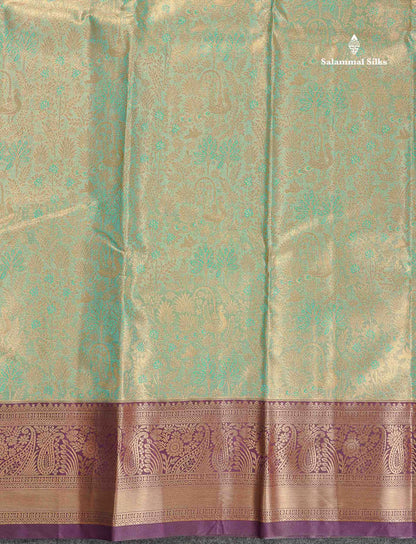 Tissue Bridal Semi Silk Saree - Light Green Colour Body With Contrast Dark Purple Border