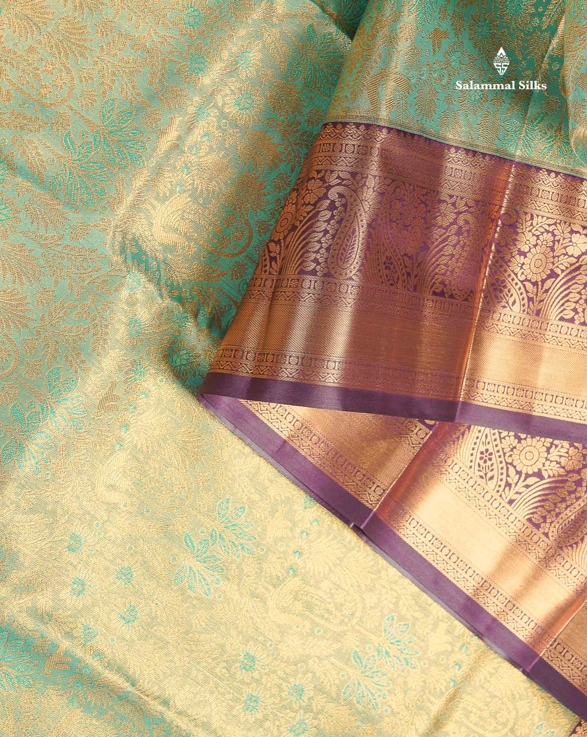 Tissue Bridal Semi Silk Saree - Light Green Colour Body With Contrast Dark Purple Border