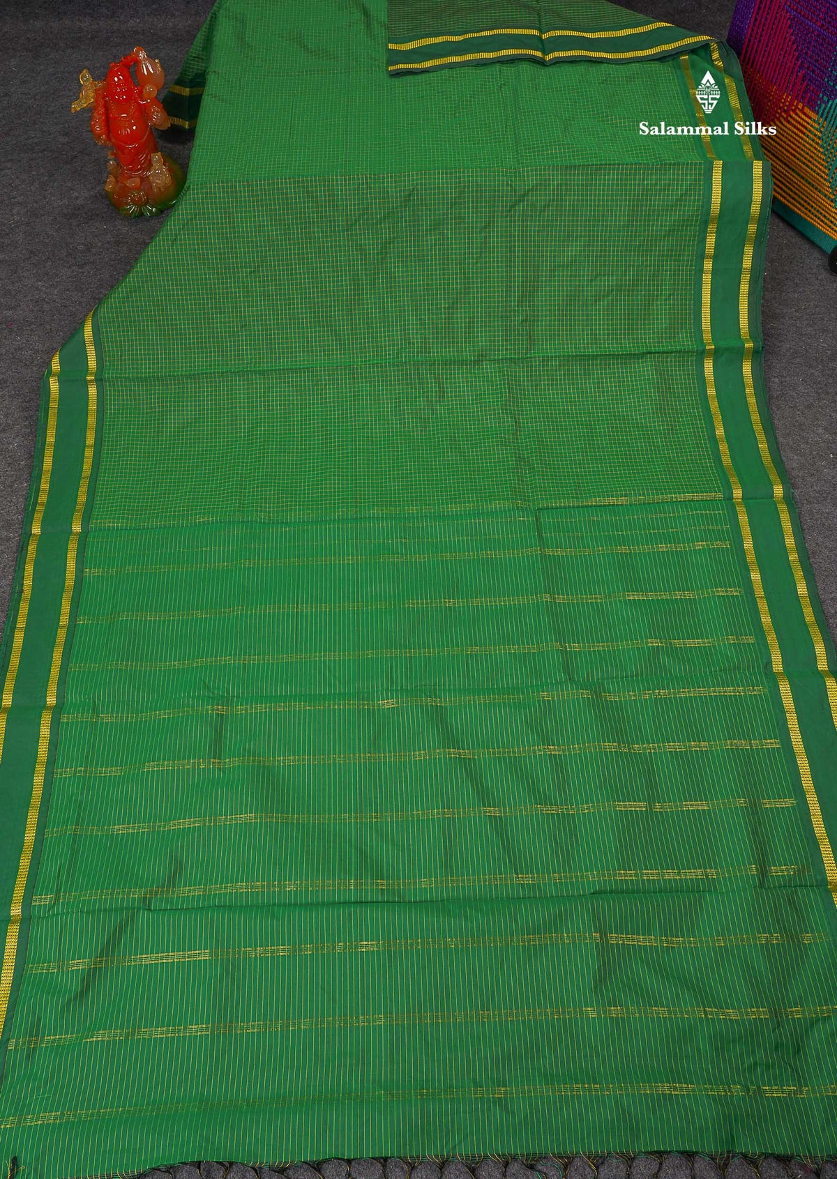 Semi Silk Saree - Bottle Green Colour Body Small Checks With Traditional Gap Border | 9 Yards