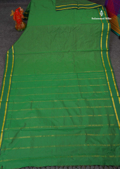Semi Silk Saree - Bottle Green Colour Body Small Checks With Traditional Gap Border | 9 Yards