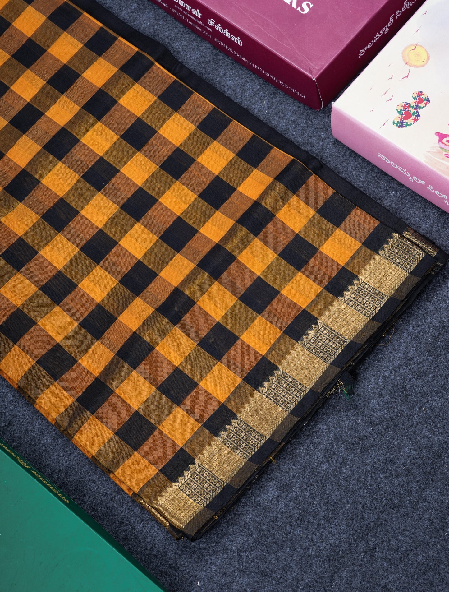 Beautiful Paalum Pazham Checks Pure Silk Cotton Saree With Contrast Black Blouse