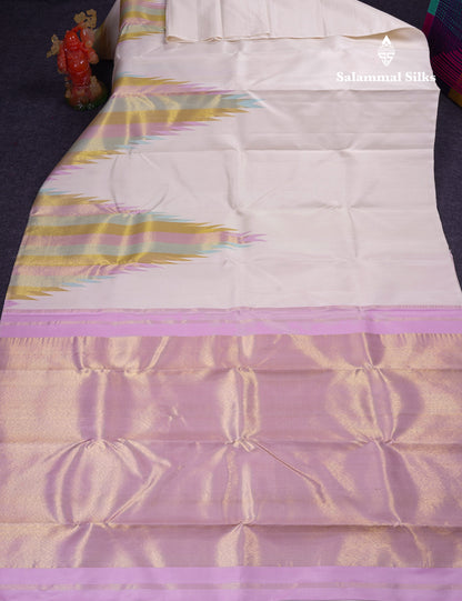 Beautiful Cream White 8Kol Pure Kanjivaram Silk Saree With Traditional Temple Border