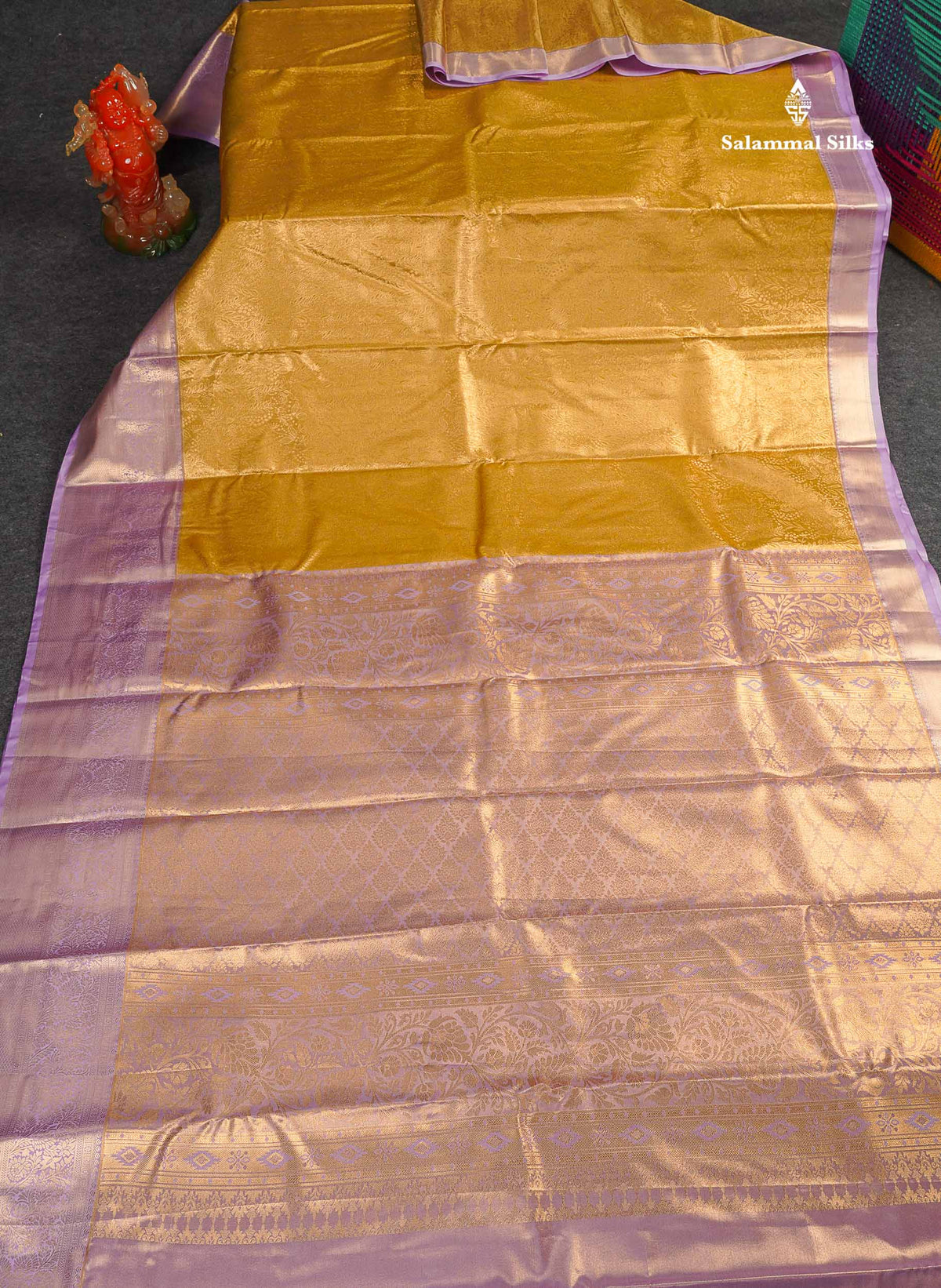 Tissue Bridal Semi Silk Saree -  Mustard Yellow Colour Body With Contrast Light Lavender Border