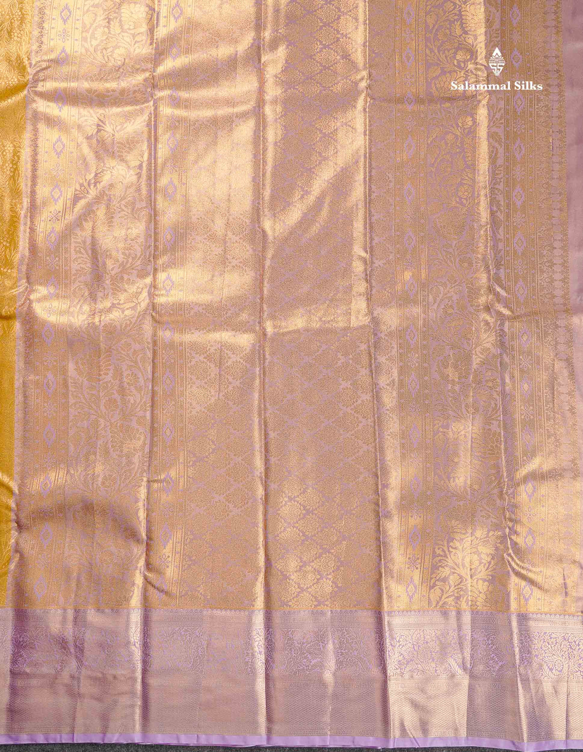 Tissue Bridal Semi Silk Saree -  Mustard Yellow Colour Body With Contrast Light Lavender Border