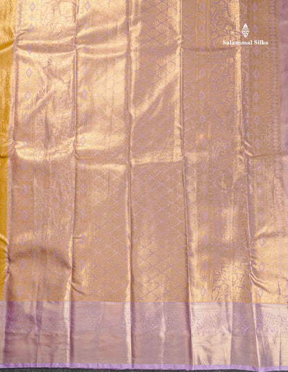 Tissue Bridal Semi Silk Saree -  Mustard Yellow Colour Body With Contrast Light Lavender Border