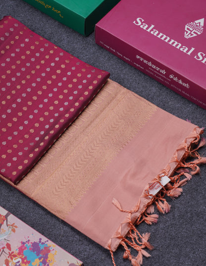 Beautiful Dual Tone Magenta Pure Kanjivaram Soft Silk Saree With Contrast Peach Blouse