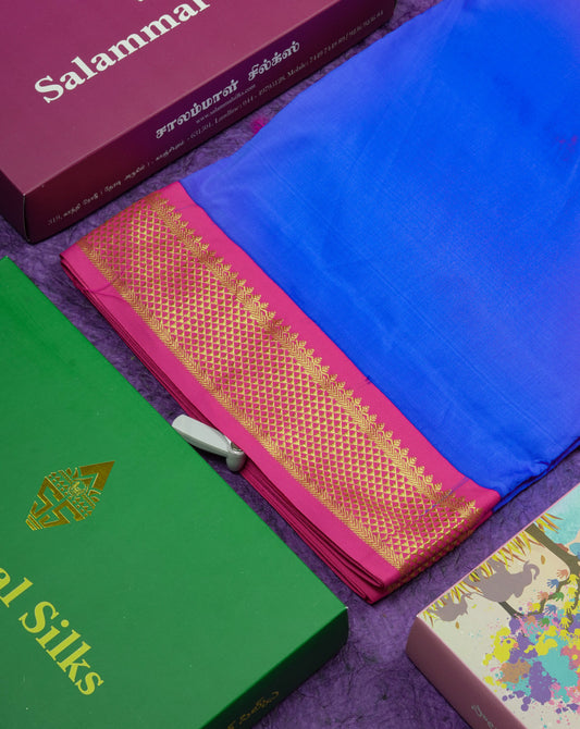 11 Yards Semi Silk Saree Royal Blue with Contrast Pink Border
