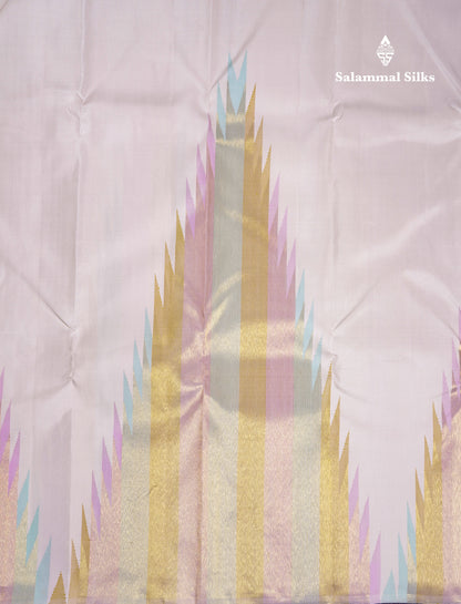 Beautiful Cream White 8Kol Pure Kanjivaram Silk Saree With Traditional Temple Border