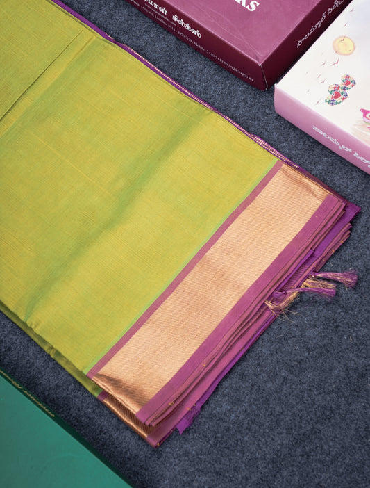 Manthulir Yellow Plain Pure Silk Cotton Saree With Contrast Purple Blouse