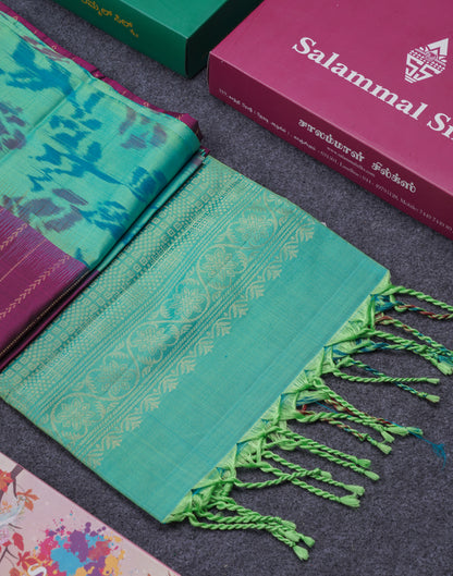 Beautiful Magenta Pure Kanjivaram Soft Silk Saree With Contrast Ikkat Sapphire Green Border